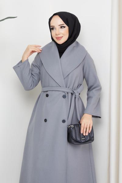 Yuvarlak Yaka Kaban Gri