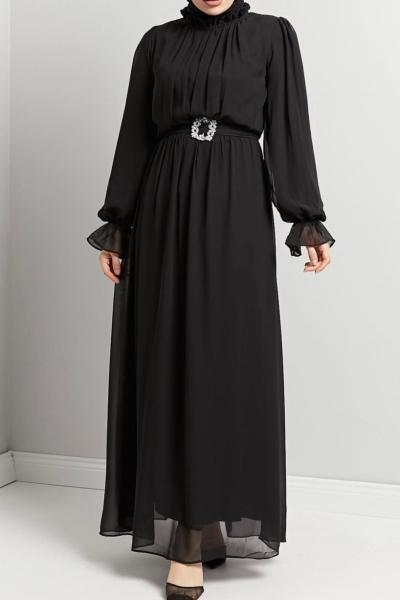 Şifon Elbise Düz Siyah