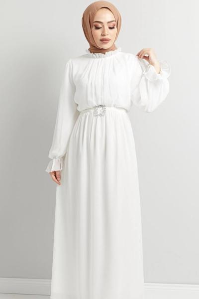 Şifon Elbise Düz Beyaz