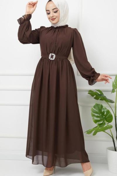 Şifon Elbise Düz Acı Kahve