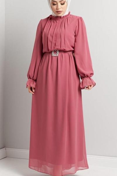 Şifon Elbise Düz Gül Kurusu