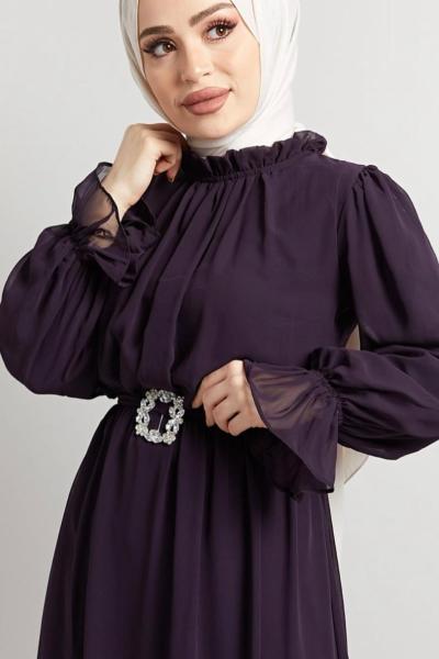 Şifon Elbise Düz Mor