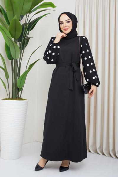 KOLU PİNPON DESEN SİYAH ELBİSE