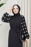 KOLU PİNPON DESEN SİYAH ELBİSE