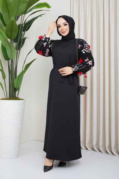 KOLU KIRMIZI ÇİÇEK DESEN ELBİSE SİYAH