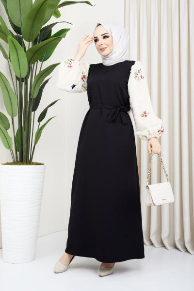 ÇİÇEK ELBİSE KOLU BEYAZ DETAYLI SİYAH