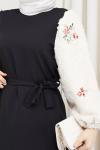 ÇİÇEK ELBİSE KOLU BEYAZ DETAYLI SİYAH