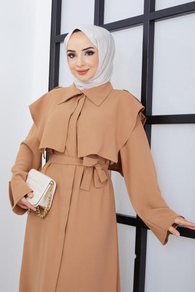 Pelerinli Ferace Elbise Camel