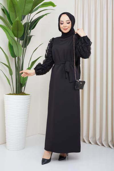 PAYET KOL DETAYLI ELBİSE SİYAH