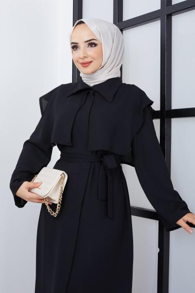 Pelerinli Ferace Elbise Siyah