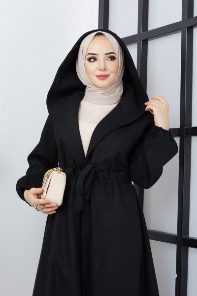 Şapkalı Kaban Siyah 1. Kalite Kalın Kaşe Siyah