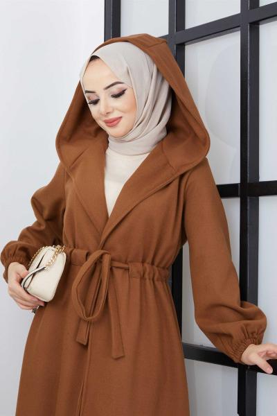 Şapkalı Kaban Camel 1. Kalite Kalın Kaşe Camel